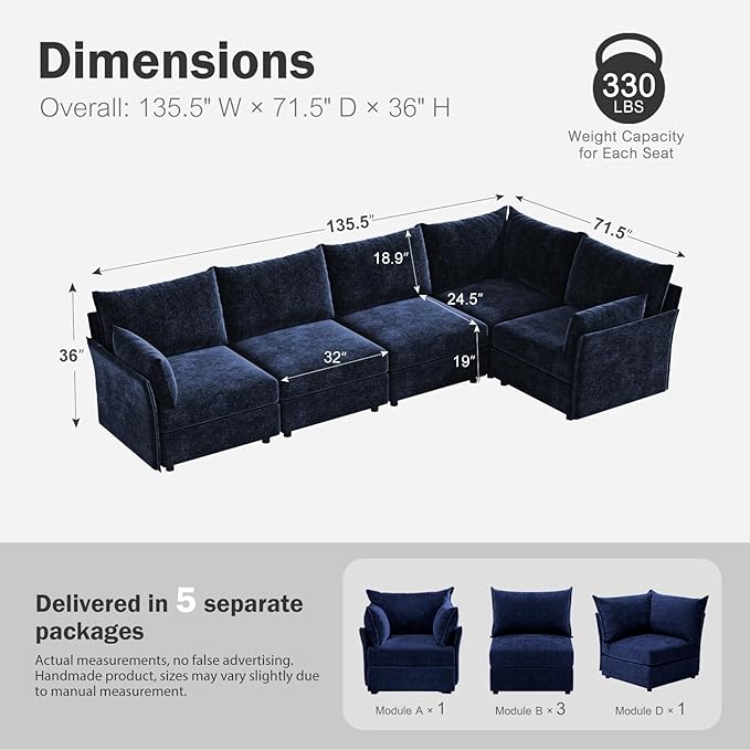 135.5" Oversized Modular Sectional Sofa, L Shaped Convertible Couch with Movable Ottoman, 5 Seat Corner Couches for Living Room Deep Seat Blue Chenille-HomvellaHome