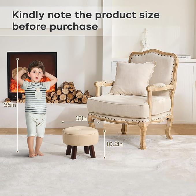 13in Small Foot Stool Ottoman, Round Faux Leather Foot Rest for Couch, Under Desk Pouf Footstool Footrest with Non-Skid Rubber Legs for Ling Room, Bedroom, 13''L x 13''W x 10.2''H, Beige-HomvellaHome