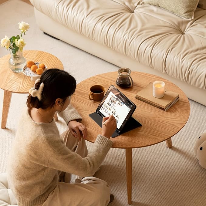 100% Solid Oak Wood Mini Coffee Table, Round Side Table w/Solid Wood Legs, Walnut Mid Century Coffee Table w/Sturdy Frame for Bedroom Balcony Living Room (29.53" D x 17.72" H)-HomvellaHome