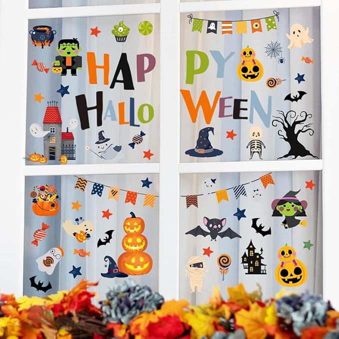 10 Sheets Halloween Window Clings Halloween Window Stickers Decorations Double-Sided Removable Castle Pumpkin Bat Glass Window Decals, Happy Halloween Window Clings for Kids Party Decorations-HomvellaHome