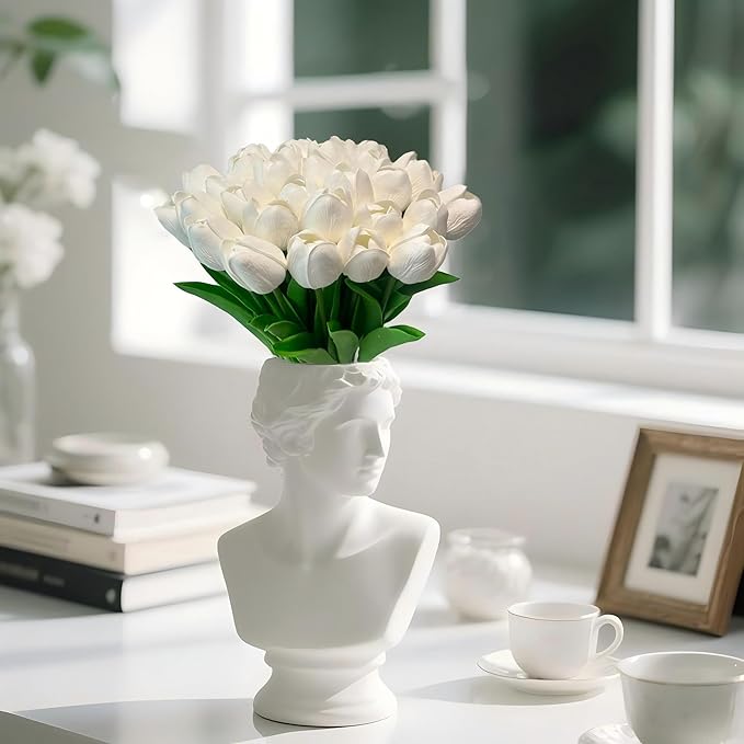 15pcs White Tulips PU Artificial Flowers Real Touch Fake Tulips for Spring Easter Home Kitchen Wedding Bouquet Bulk Mother's Gift Day Decorations-HomvellaHome