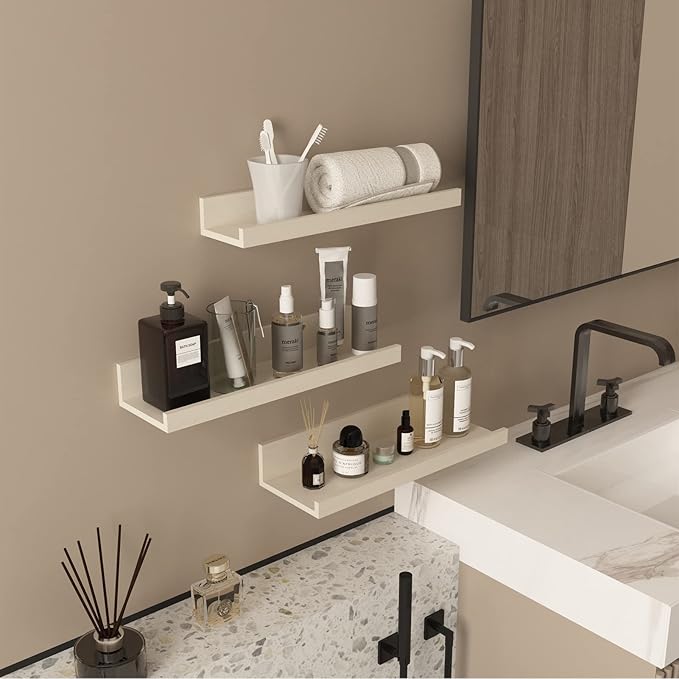 Giftgarden 16 Inch Floating Shelves Wall Mounted, Creamy White Beige Wood-Grain Wooden Ledge Shelf for Bathroom Bedroom Living Room Kitchen Nursery, Set of 3 Different Sizes-HomvellaHome