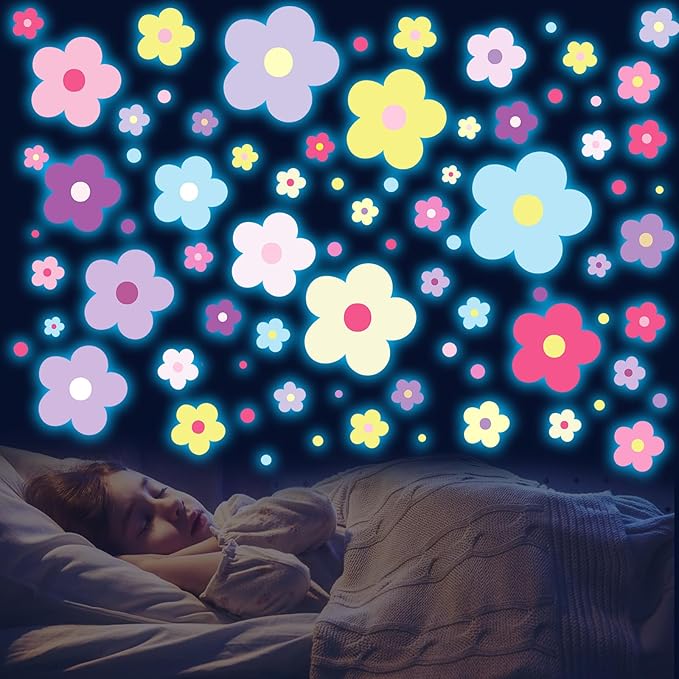 Glow in The Dark Y2k Cute Flowers Wall Decals，Glowing Luminous Colorful Floral Wall Stickers Colorful Removable self-Adhesive Preppy Hippie Stickers for Girls Bedroom-HomvellaHome
