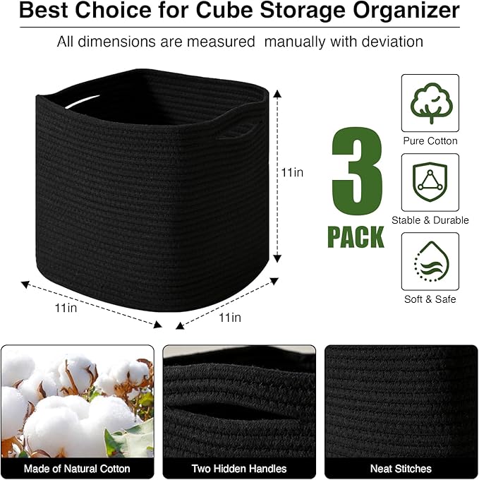 11 Inch Cube Storage Bins, Storage Cube Organizer Bins, Woven Cotton Rope Basket for Storage, Storage Baskets for Organizing Shelves, Square Baskets for Toys, Black (Pack of 3)-HomvellaHome