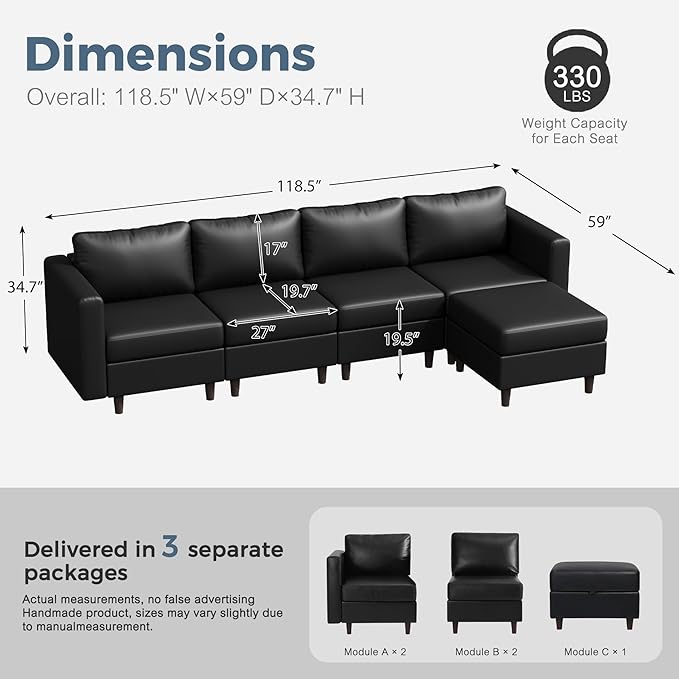 118.5" Faux Leather Modular Sectional Sofa, L Shaped Couch Set for Living Room, 5-Seater Comfy Cloud Couches with Movable Storage Ottoman,DIY Combination - Black-HomvellaHome