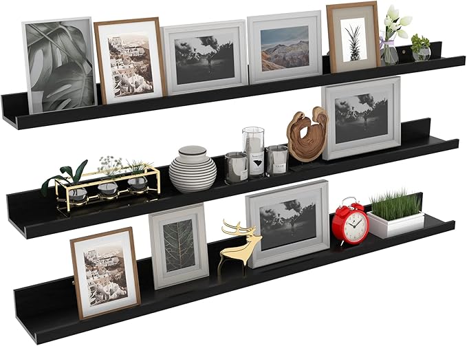 Giftgarden 47 Inch Black Floating Shelves Ledge, Wall Mount Long Picture Rail Large Woodgrain Photo Shelving for Living Room Bedroom Office, Set of 3 Different Sizes-HomvellaHome