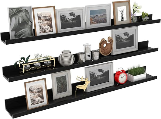 Giftgarden 47 Inch Black Floating Shelves Ledge, Wall Mount Long Picture Rail Large Woodgrain Photo Shelving for Living Room Bedroom Office, Set of 3 Different Sizes-HomvellaHome
