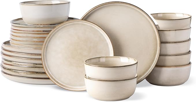 GBHOME Ceramic Dinnerware Sets for 8, 24 Pieces Stoneware Plates and Bowls Sets, Scratch Resistant Dishes, Dishwasher & Microwave Safe, Reactive Glaze-Cappuccino-HomvellaHome
