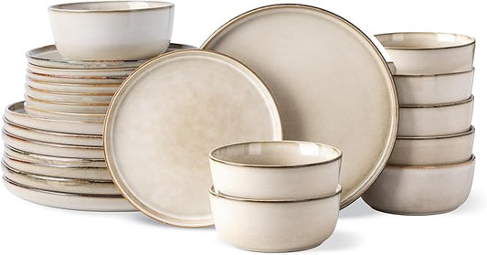 GBHOME Ceramic Dinnerware Sets for 8, 24 Pieces Stoneware Plates and Bowls Sets, Scratch Resistant Dishes, Dishwasher & Microwave Safe, Reactive Glaze-Cappuccino-HomvellaHome