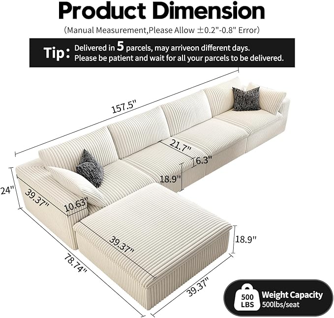 157.5" Cloud Couch Modular Sectional Sofa for Living Room,Modern Sofa with Deep Seat，L-Shape Boneless Couch with Ottoman,Comfy Upholstered Corduroy Couches for Apartment, Studio, Office,Bedroom，White-HomvellaHome