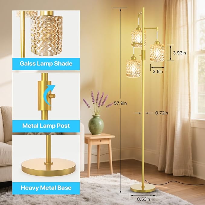 Gold Floor Lamp for Living Room Bedroom, 3-Light Vintage Standing Lamp Stained Glass, Mid Century Modern Tall Floor Lights, Amber Glass Shade with Golden Base-HomvellaHome