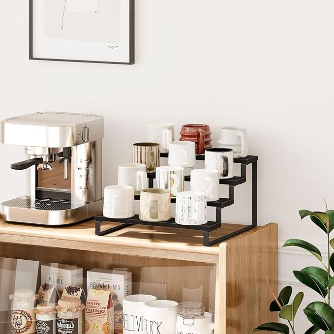 Giikin 4 Tier Spice Rack, Cabinet Organizer Shelf, Wooden Spice Rack for Countertop, Kitchen Counter Storage Shelves Cupcake Stand Holder Display Stand, Black-HomvellaHome