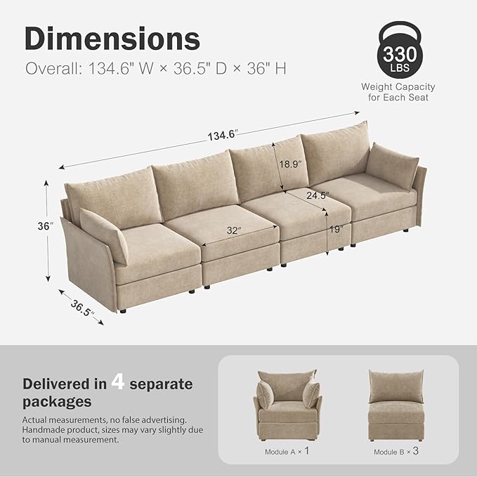 134.6" Modular Sectional Sofa, Oversized 4 Seater Couch with Removable Beige Chenille Fabric Cover, Deep Seat & High Backrest for Living Room, Office & Apartment-HomvellaHome