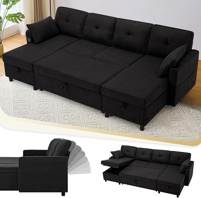 110 Inches Chenille Sectional Sofa w/Pull Out Sofa Bed & Adjustable Back, Tufted U Shaped Couch w/Two Storage Chaises, Sleeper Sectional Sofa w/USB Port & Cup Holders for Living Room, Black-HomvellaHome