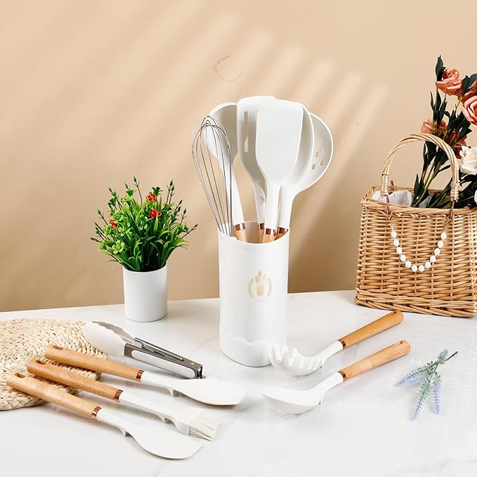 13-Piece silicone utensil set wood handle nonstick cookware safe dishwasher safe kitchen tools BPA free heat resistant (450°F/230°C) ceramic pan safe cooking gifts housewarming (White)-HomvellaHome
