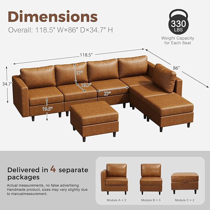 118.5" Faux Leather Modular Sectional Sofa, L Shaped Couch Set for Living Room, 7-Seater Comfy Cloud Couches with Storage Seat Brown-HomvellaHome