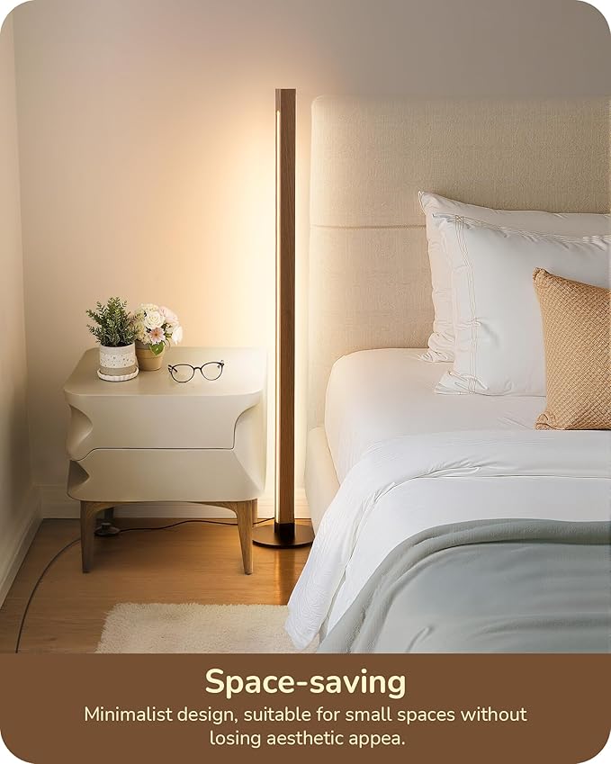 EDISHINE Wood Floor Lamp, Upgraded Dual-Sided Lighting, Minimalist Floor Lamps for Living Room, Corner Floor Lamp with Remote/Foot Control, 7CCT & Dimmable Corner Lamp for Bedroom, Office, Walnut Wood-HomvellaHome