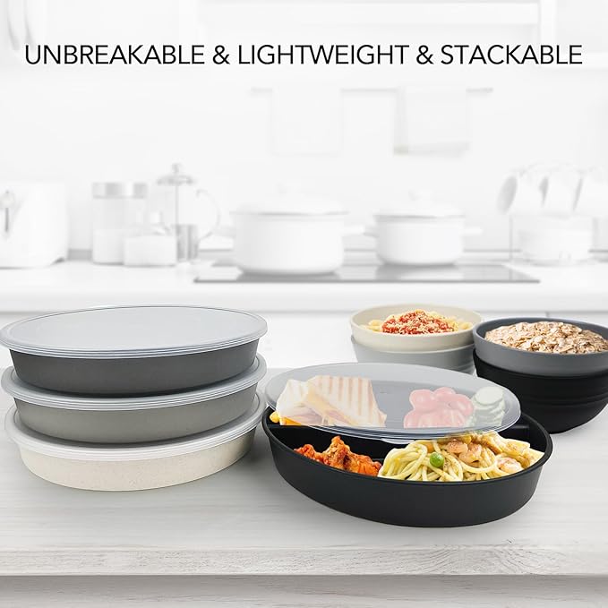 greenandlife 9 Inch 4PCS Divided Plates with Lids, Portion Control Plates for Kids Adults, Dishwasher Microwave Safe Compartment Plate, Unbreakable Lightweight Reusable Wheat Straw Plate, Grey Black-HomvellaHome