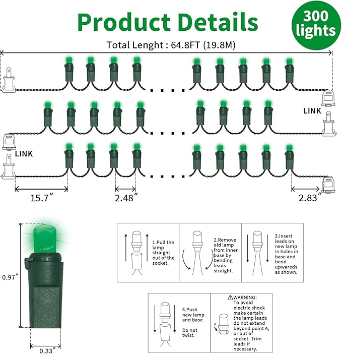 Green Wide Angle LED Christmas Lights, 64.8 Ft 300 Count, Pack of 3 Strands 21.9 Ft 100 Lights UL Certified Commercial Grade Green Wire 5mm Holiday String Light-HomvellaHome