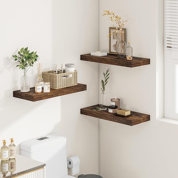 12" Deep Floating Shelves for Wall 24 Inches Long, Heavy Duty Wall Shelves for Bedroom Bathroom Kitchen Laundry Room, Farmhouse Rustic Shelves for Home Decor, 24" X 12" X 2" Set Of 2, Rustic Brown-HomvellaHome
