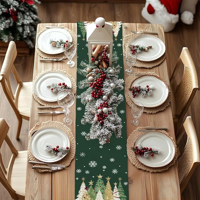 GEEORY Christmas Table Runner 13x48 Inch, Xmas Trees Snowflakes Holiday Decorative Farmhouse Table Decoration for Kitchen Dinning, Indoor Outdoor Dinner Party Decor (Green) GT152-48-HomvellaHome