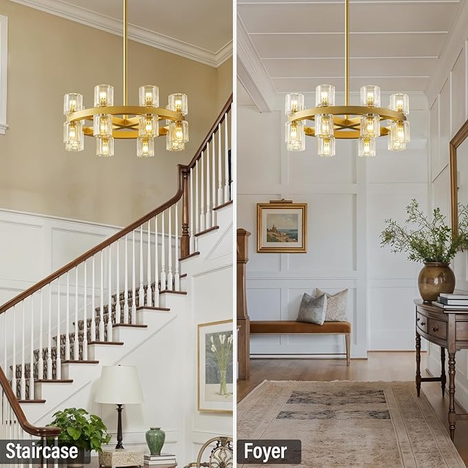 Gold Chandelier Light Fixture Kitchen and Dining, 16-Lights Modern Chandeliers for Dining Room, 18" Farmhouse Kitchen Pendant Lights Over Table, Crystal Wagon Wheel Chandelier(Bulbs Included)-HomvellaHome