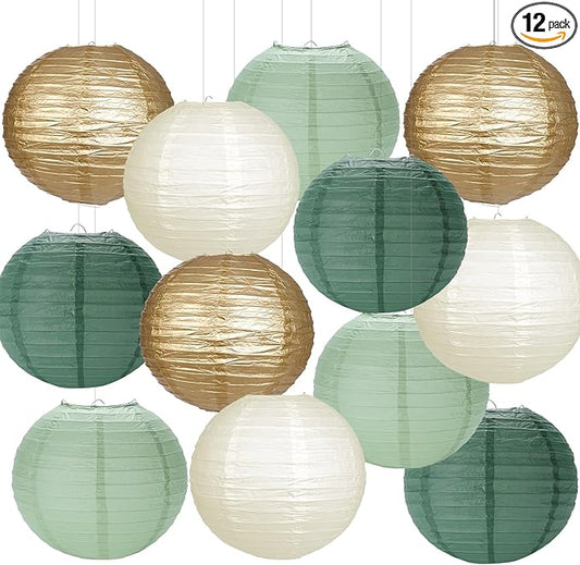 Paper Lanterns Sage Green Gold Round Hanging Chinese Lanterns for Birthday Party Baby Shower Bridal Shower Decorations Pack of 12