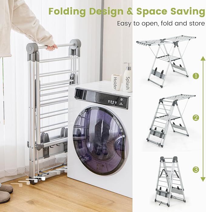 Giantex Clothes Drying Rack, 2-Layer Aluminum Foldable Laundry Drying Rack with 5-Level Adjustable Height, 21 Drying Rails, 10 Side Clips, 4 Shoe Holders, Space Saving Collapsible Laundry Drying Rack-HomvellaHome
