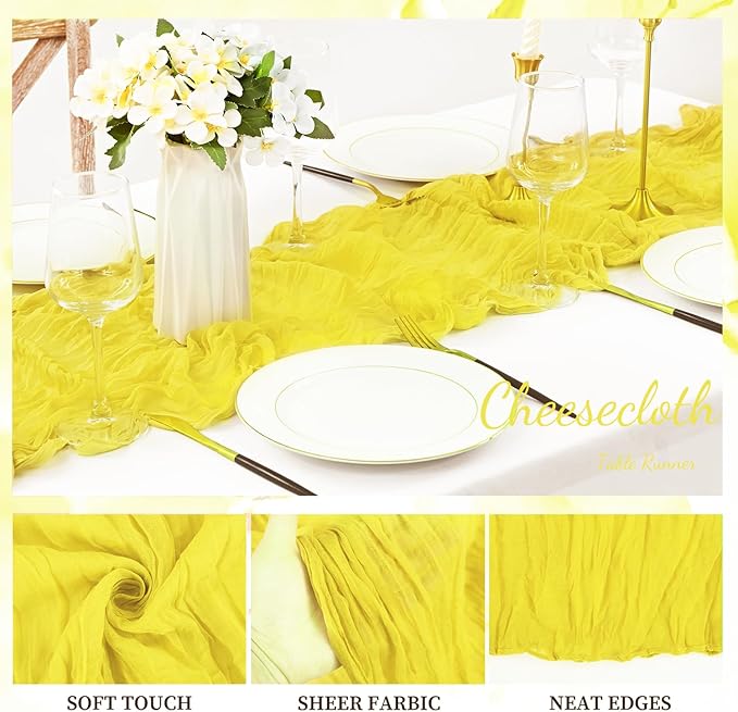 12 Pack Yellow Cheesecloth Table Runner 20 x 120 Inch Long Rustic Gauze Cheese Cloth Table Runner for Wedding 10FT Bridal Baby Shower Table Decorations Boho Fabric Sheer Birthday Party Table Decor-HomvellaHome