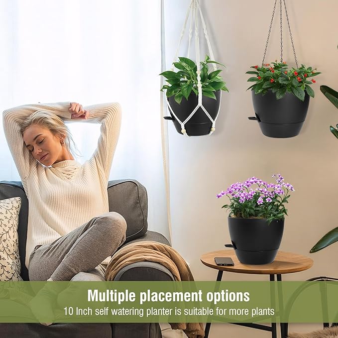 10 inch Self Watering Hanging Planters, 2 Pack Hanging Baskets for Indoor Outdoor Plants, Hanging Flower Pots with Drainage Holes & 2 Kinds of Plant Hangers for Garden Home Decor, Black-HomvellaHome