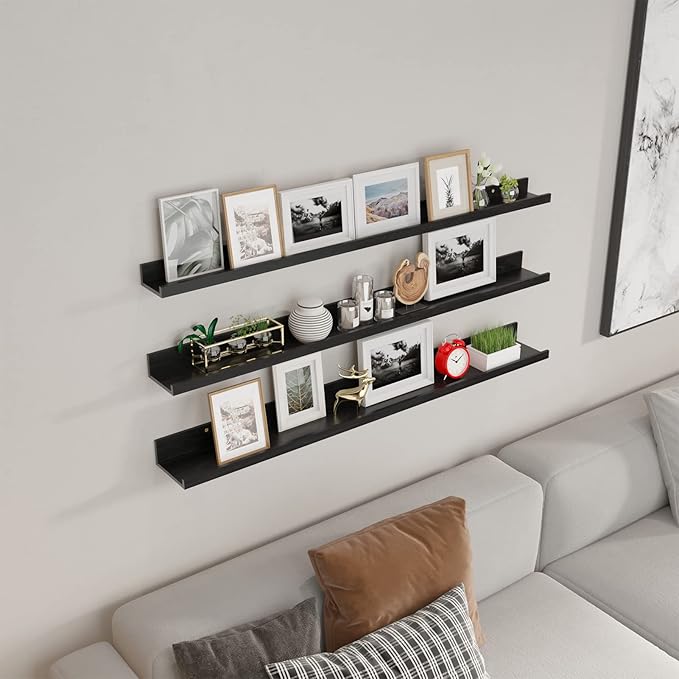 Giftgarden 47 Inch Black Floating Shelves Ledge, Wall Mount Long Picture Rail Large Woodgrain Photo Shelving for Living Room Bedroom Office, Set of 3 Different Sizes-HomvellaHome