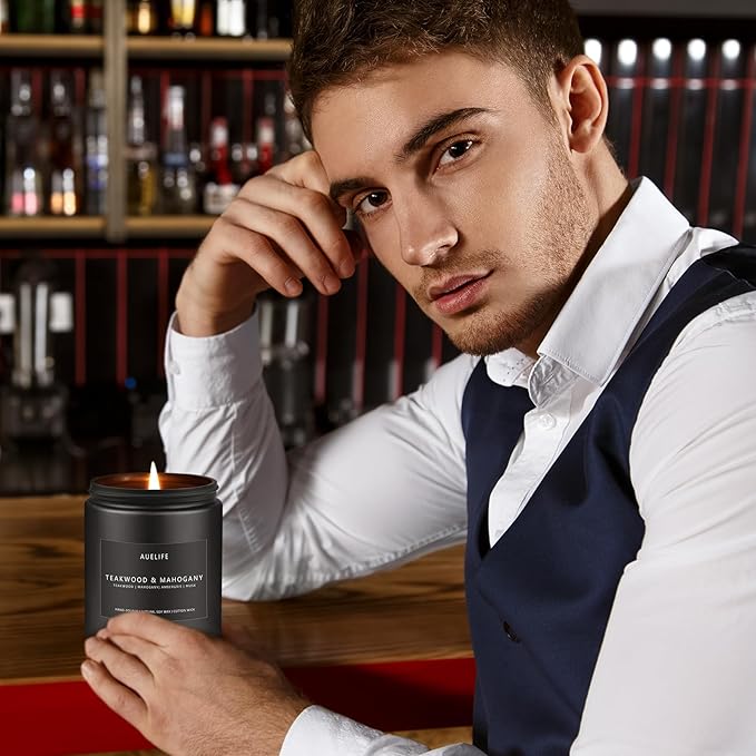 2 Pack Teakwood & Mahogany Candle | Scented Candles for Men, Man Gifts for Men - Masculine Candles - Soy Candle for Home Scented - 7oz Black Jar, Long Lasting-HomvellaHome