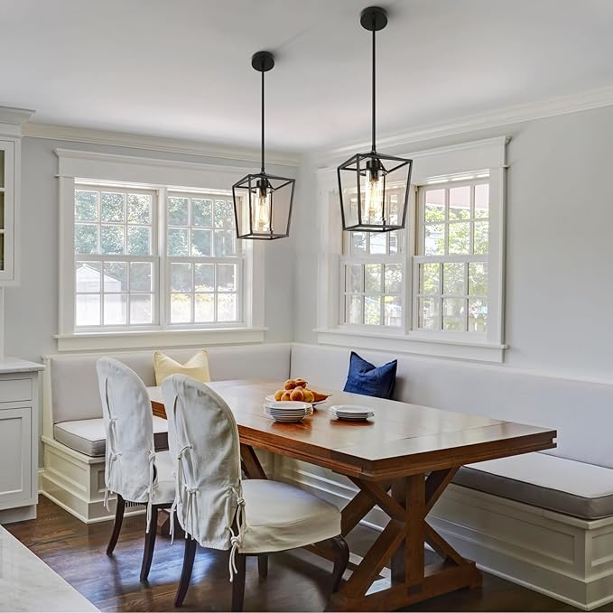 2 Pack 1-Light Black Pendant Lights for Kitchen Island, Farmhouse Metal Pendant Light Iron Cage Hanging Light Fixtures with Clear Glass Shade for Dining Room, Entryway, Hallway, Foyer-HomvellaHome