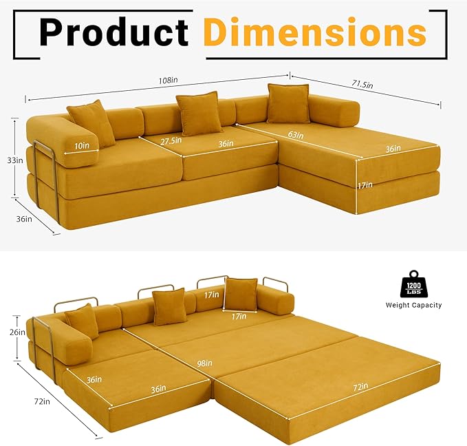 108" Oversized Convertible Sleeper Sofa Bed, Corduroy L Shape Sectional Couch, Folding Sofa Bed with Side Pocket, Modern Cloud Floor Mattress Couch, Modular Sofa for Living Room, Yellow-HomvellaHome