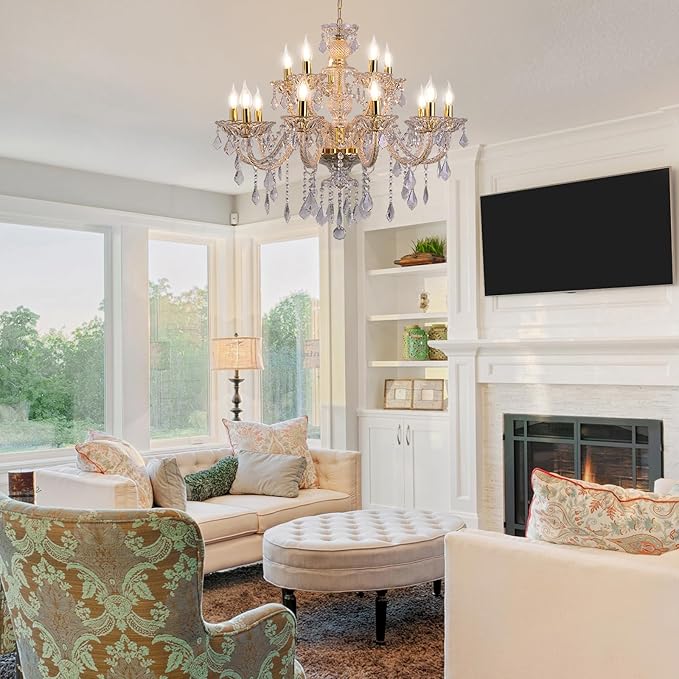 15 Light Crystal Chandelier Double Layer Flush Mount Ceiling Light Fixture with K9 Crystals for Living Room Dining Room Bedroom Luxury Hanging Lamp Lighting Fixtures-HomvellaHome