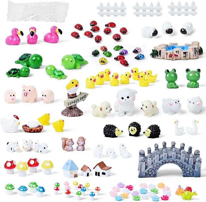 120 Pcs Fairy Garden Accessories, Micro Landscape Ornaments Kit, Mini Resin Animals with Fairy Tiny House for Home Outdoor and Plant House Decor-HomvellaHome