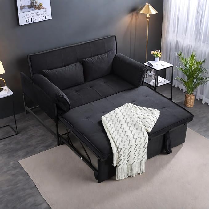 Pull Out Sofa Bed, 46” Futon Couch with Convertible Sleeper, Velvet Pull Out Couch with Adjustable Backrest, Small Sofa Bed with 2 Pillows for Living Room Office Guest Room, Black-HomvellaHome