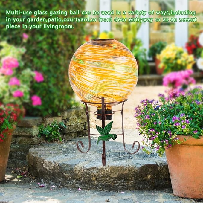 10" Diameter Solar Gazing Ball and 8.5" Metal Stand Indoor Outdoor Garden Ornament Glass Globe Sphere Yard Art Gazing Globe for Garden,Home,Lawn,Porch,Patio Birthday Gift for Women(Orange)-HomvellaHome