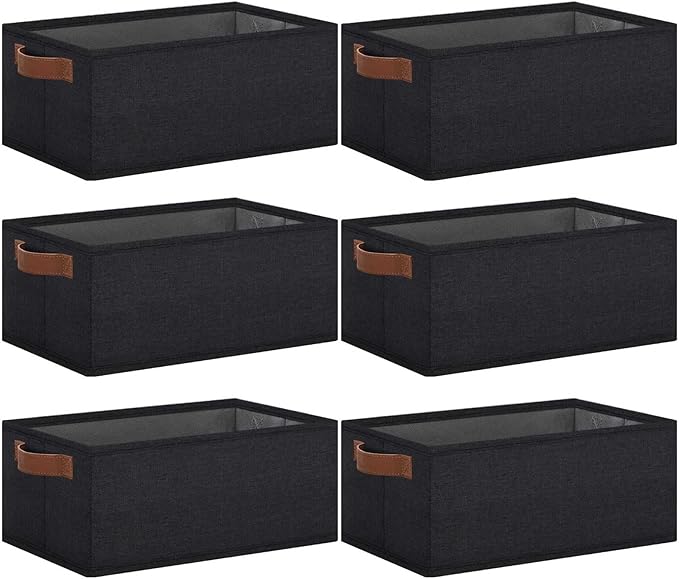 GhvyenntteS Small Fabric Storage Bins 6 Pack, 11.8" x 7.87" x 5.11" Storage Basket with Leather Handles, Closet Storage Bins for Shelves, Storage Baskets for Shelves, DVD Storage (Black)-HomvellaHome