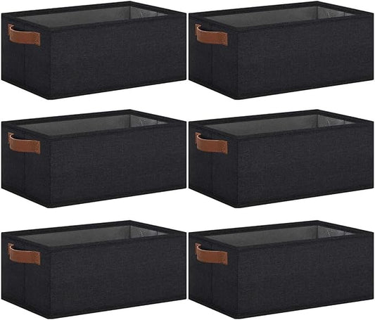 GhvyenntteS Small Fabric Storage Bins 6 Pack, 11.8" x 7.87" x 5.11" Storage Basket with Leather Handles, Closet Storage Bins for Shelves, Storage Baskets for Shelves, DVD Storage (Black)-HomvellaHome
