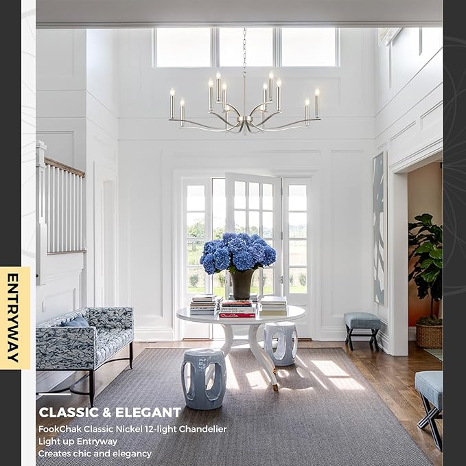 12 Light Nickel Living Room Chandelier High Ceiling Foyer Candle Chandelier Large Modern 44in Metal Chandeliers Hanging Light for Master Bedroom Dining Room Light Fixture Over Table-HomvellaHome
