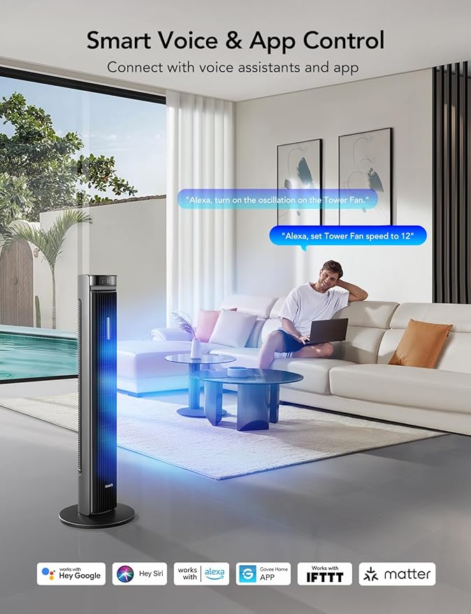 GoveeLife 42'' Tower Fan for Bedroom, Smart Floor Fans with 150° Adjustable Oscillating, APP & Voice Control, 5 Modes 12 Speeds up to 26ft/s, 24H Timer, 27dB Quiet Fan for Cooling Home Office Silver-HomvellaHome