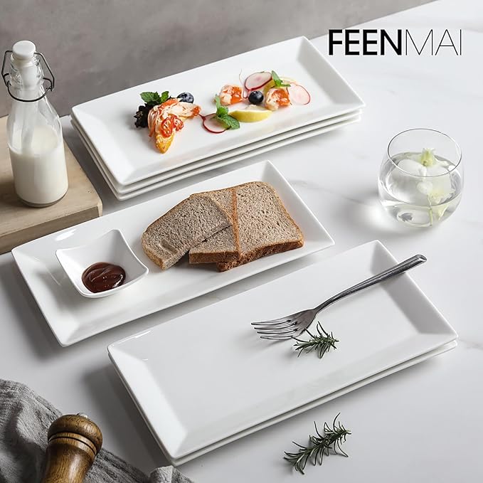 12" Serving Platters Set of 4, White Rectangular Plates, Ceramic Serving Tray, Stackable Large Party Plates for Appetizer, Dessert, Steak, Sushi, Housewarming, Oven Dishwasher Safe-HomvellaHome
