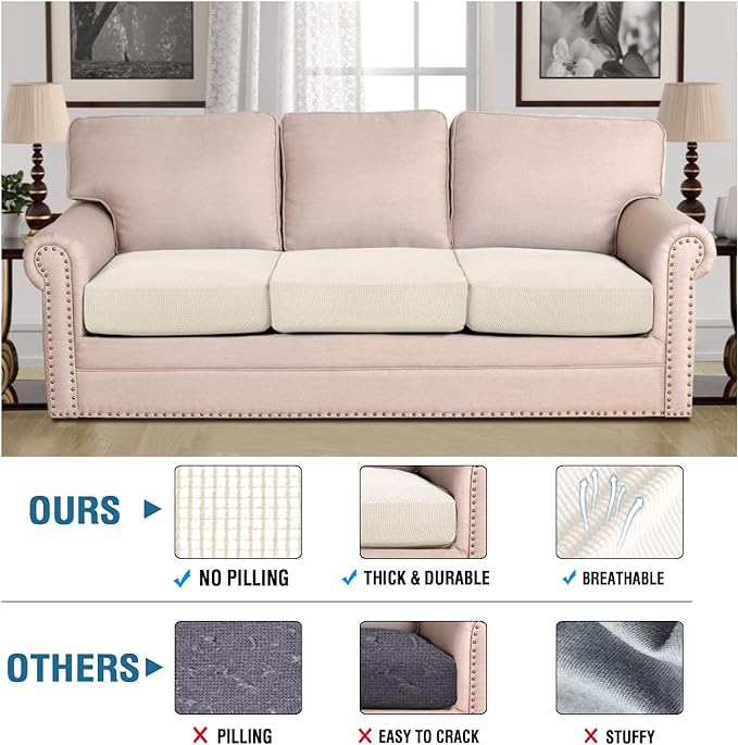 H.VERSAILTEX Super Stretch Individual Seat Cushion Cover Sofa Covers Couch Cushion Covers Slipcover Sets Thick Jacquard Textured Twill Fabric (3 Piece Sofa Cushion Covers, Natural)-HomvellaHome