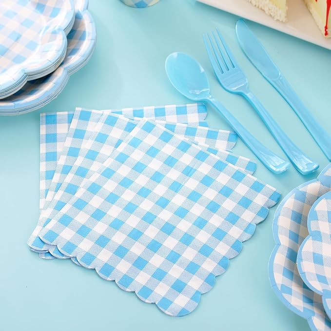 175 Pcs Blue Gingham Plates and Napkins Party Supplies - Blue and White Checkered Plates Sets Serve 25 Guests - Scalloped Gingham Paper Plate for Birthday Dinner Wedding Baby Shower Party Decorations-HomvellaHome