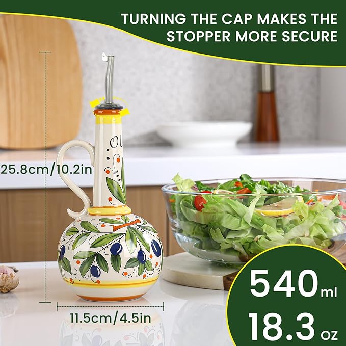 18 oz Ceramic Olive Oil Dispenser Bottle for Kitchen, Large Capacity Oli and Vinegar Cruet with Stainless Steel Spout, 540 ml Oil Container with Handle for Cooking Preventing, Vinegar Cruet-HomvellaHome