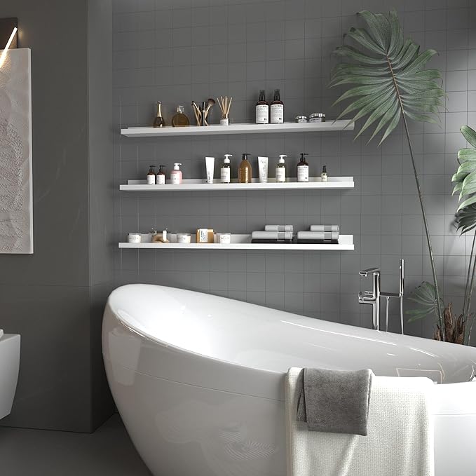 Giftgarden 47 Inch White Floating Shelves for Wall Mount, Modern Long Wood Wall Shelf Ledge for Bathroom Bedroom Living Room Kitchen Nursery Storage, Set of 3 Different Sizes-HomvellaHome