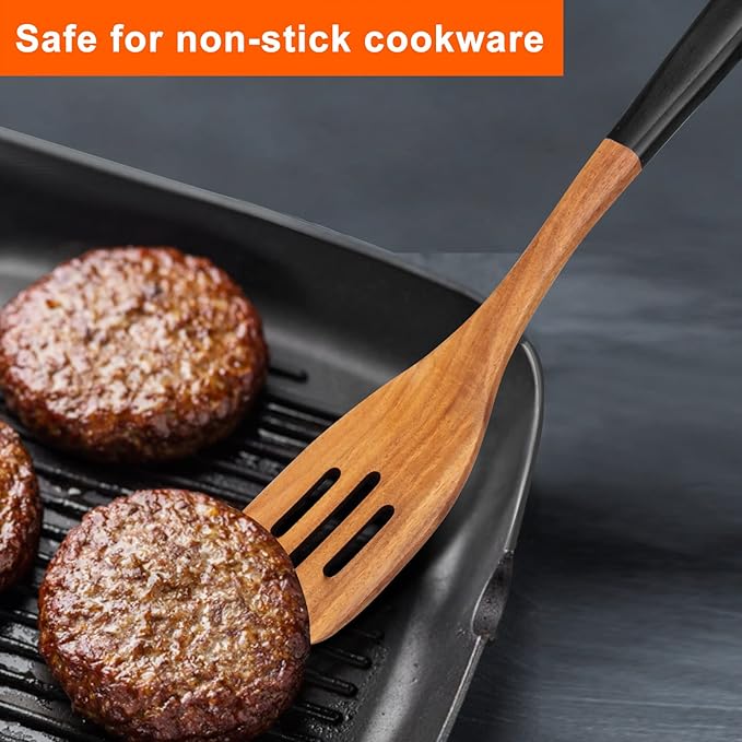 14 Inch Large Wooden Spoons for Cooking Utensils Set Acacia Wood Spatula Slotted Spoon Best Non Toxic Kitchen Utensil Long Mixing Spoon Spatulas Turner Stirring Serving Spoons Kitchen Use Tools-HomvellaHome