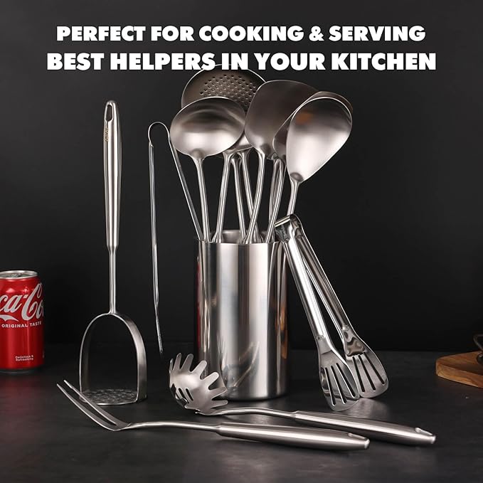 18/10 Stainless Steel Kitchen Utensils Set - 12 PCS All Metal Cooking Tools & 15″ Serving Utensils - Potato Masher, Meat Fork, Tongs, Turner, Pasta, Serving Spoon, Skimmer, Ladle, Spatula Spoon Set-HomvellaHome