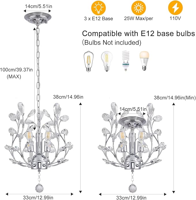 Ganeed 3-Light Branch Crystal Chandelier, Small Flush Mount Vintage Pendant Hanging Lighting, K9 Crystal Farmhouse Ceiling Light for Dining Room Bedroom Living Room Kitchen Hallway, Chrome Silvery-HomvellaHome